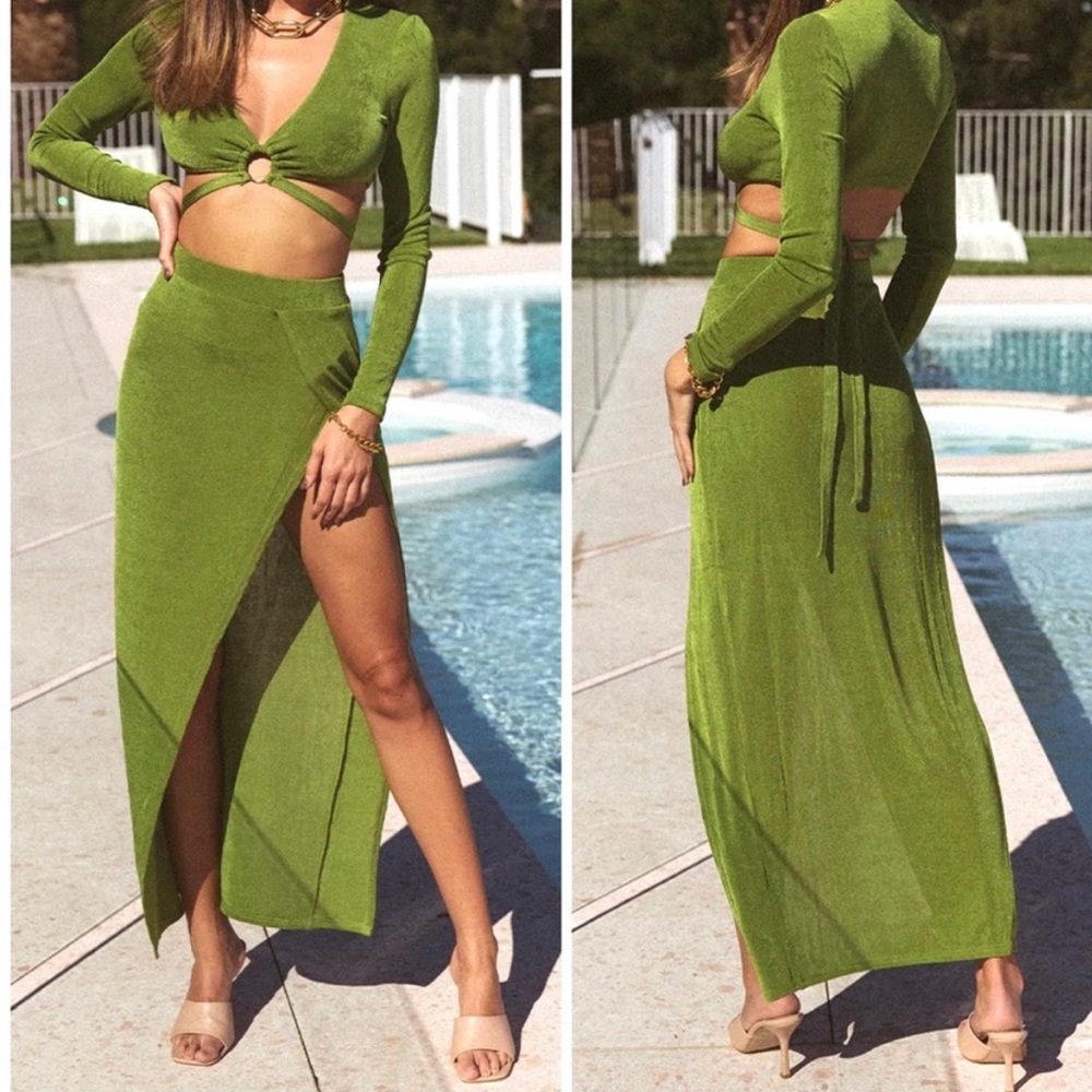RUNAWAY THE LABEL “Meile” Top + Skirt Set in “Grass” Two Piece Dress Coord Set